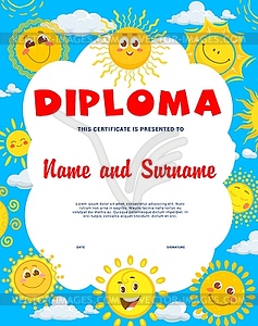 Kids diploma with cartoon smiling sun characters - vector clipart