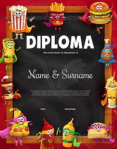 Kids diploma with fast food superhero characters - vector image