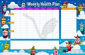 Weekly medication plan, cartoon vitamin wizard - vector clip art