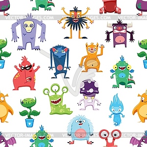 Cartoon monster characters seamless pattern - vector image