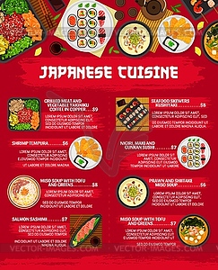 Japanese cuisine menu, restaurant dishes and meals - vector image