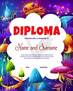 Kids diploma with magic mushrooms on meadow - vector clipart