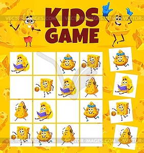 Sudoku game worksheet, cartoon cheese characters - vector image