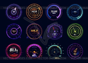 Car speedometer gauge, internet speed test dials - vector clipart