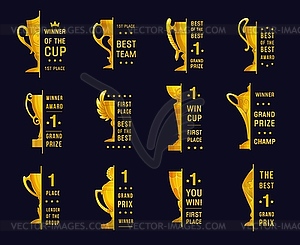 Winner and first place labels with trophy gold cup - vector image