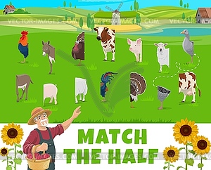 Match half of farm animals, game worksheet quiz - vector image