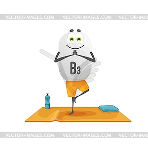 Cartoon vitamin B3 character on yoga fitness class - vector image