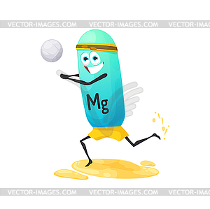 Cartoon magnesium character playing to volleyball - vector clip art