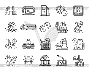 Hydrogen gas renewable green energy line icons - vector image