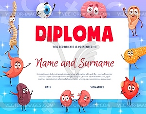 Kids diploma certificate of doctor, cartoon organs - vector clipart