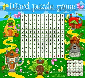 Word search puzzle game, fairytale magic houses - vector image