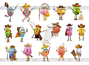 Cartoon vitamin cowboys, bandits, rangers, indians - vector image