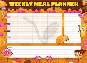 Weekly meal planner, cartoon bakery characters - vector image