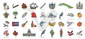 Значки контуров Кубы, туристические достопримечательности Гаваны - цветной векторный клипарт