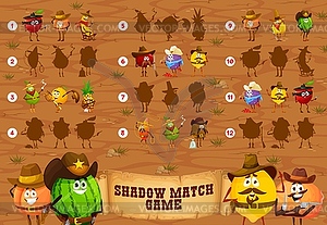 Shadow matching game, cartoon fruit cowboy rangers - vector clip art