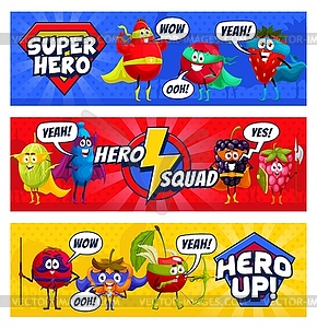 Cartoon superhero berry characters and hero squad - vector clipart