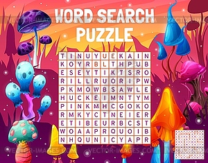 Magic alien mushrooms, word search puzzle game - vector clipart