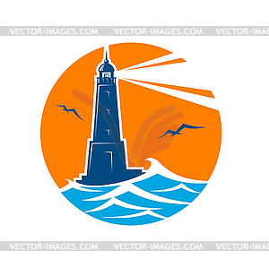 Lighthouse and beacon icon, round emblem - vector clip art