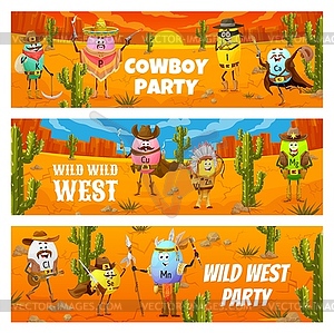 Wild West party banner with cartoon cowboy vitamin - vector image