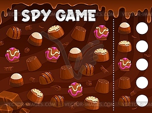 I spy game with chocolate praline, fudge candies - vector image