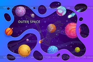 Papercut space landscape with cartoon planets - vector image