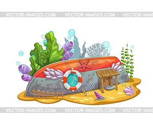 Underwater cartoon sunken boat house building - vector clip art