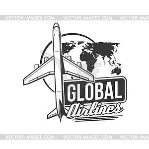 Global airlines, airplane travel vintage icon - vector image