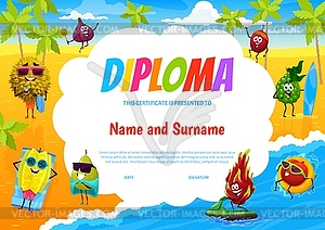 Kids diploma cartoon fruits relax on summer beach - vector image