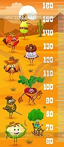 Kids height chart ruler, cowboy sheriff vegetables - vector clipart