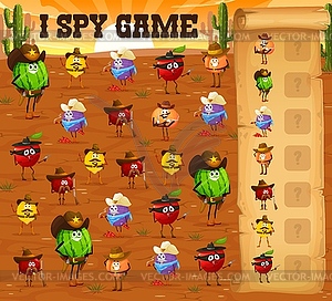 I spy game, cartoon fruit cowboy, ranger, sheriff - vector clipart