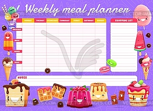 Weekly meal planner cartoon sweets, ice cream - vector clipart