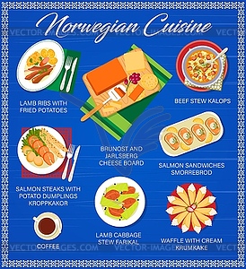 Norwegian cuisine menu, food dishes and meals - vector clip art