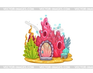 Underwater cartoon red coral house building, home - royalty-free vector clipart