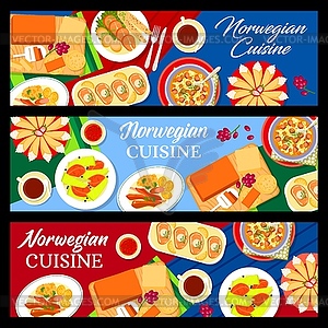 Norwegian cuisine banner, Scandinavian food dishes - vector clip art