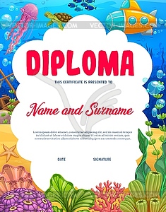 Cartoon kids diploma with underwater landscape - vector image