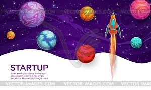 Баннер стартап-проекта с ракетным кораблем и планетами - графика в векторном формате