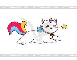 Cartoon caticorn with sky star, cute unicorn cat - vector clipart