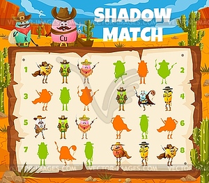 Shadow match game with cowboy vitamin characters - vector image