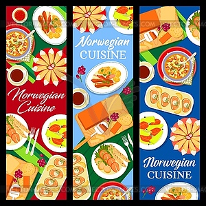 Баннеры норвежской кухни, кулинарные блюда и угощения - цветной векторный клипарт