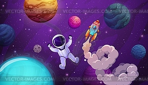 Cartoon astronaut, planets and space landscape - vector image