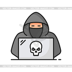 Hacker using laptop with skull planning attack - vector image