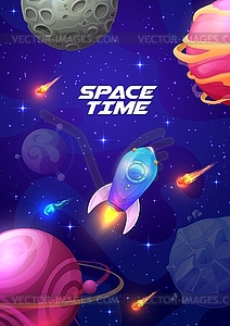 Cartoon space landscape with rocket spaceship - vector clipart