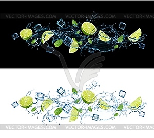 Поток водной волны с брызгами, листьями лайма и мяты - изображение в векторе