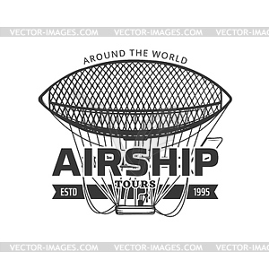 Airship tours, antique aviation travel icon - vector clip art