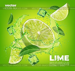 Ломтик лайма, листья и брызги зеленого сока - векторный клипарт / векторное изображение