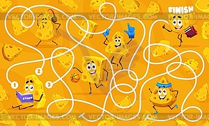 Labyrinth maze game cartoon cheese characters - vector clipart
