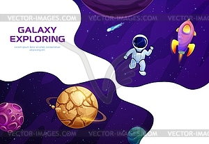 Space landing page with astronaut, rocket, planets - stock vector clipart