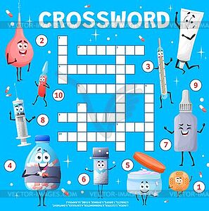 Cartoon medical instruments, ointments crossword - vector clipart