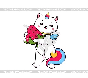 Cartoon cute caticorn character with strawberry - vector image