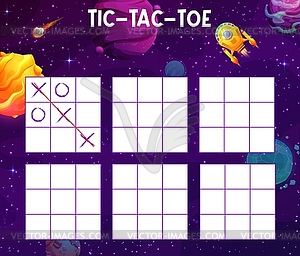 Tic tac toe game space landscape with spaceship - vector image